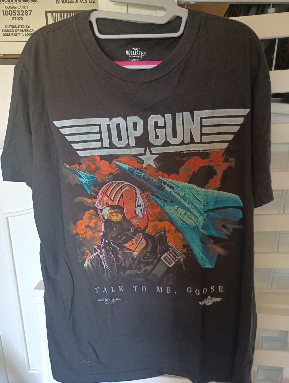Hollister Black Top Gun Graphic Tee with Teal & Orange Art
